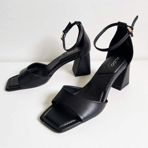 NEW ALDO Safdie Ankle strap heels sandal Block heel square toe black leather 8.5 - Picture 11 of 16